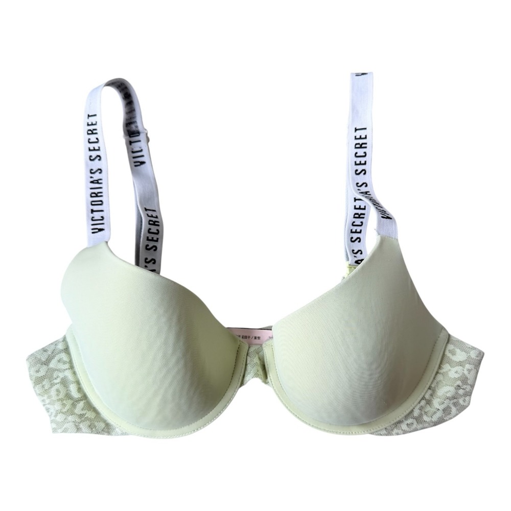 Victoria's Secret 34B Green‎ Lightly Lined Demi T-Shirt Bra Leopard Logo Y2K